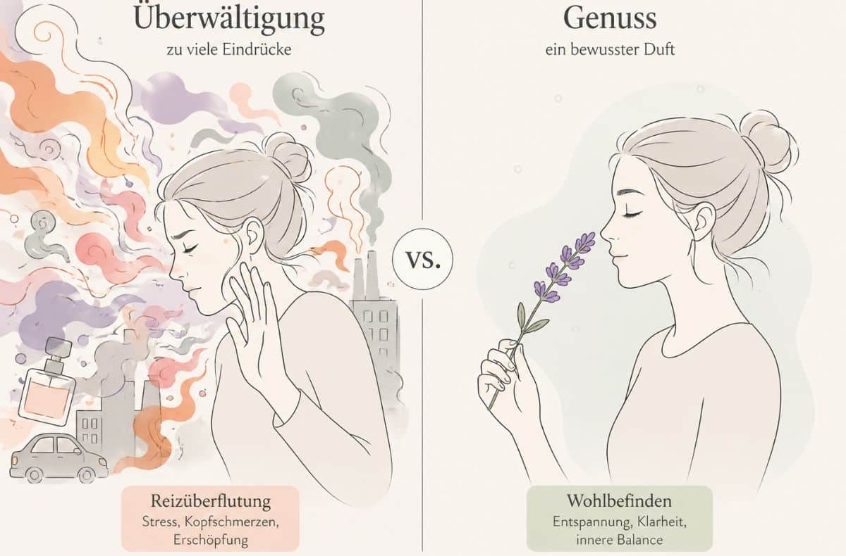 Hochsensibel & Gerüche: Wenn Düfte zu viel werden 1 grafik zeigt den kontrast zwischen geruchsüberwältigung und bewusstem duftgenuss bei hochsensibilität