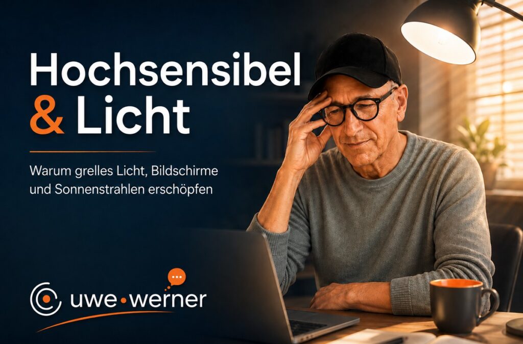 Hochsensibel & Licht: Warum Helligkeit erschöpft 3 hochsensibel & licht: warum helligkeit erschöpft. eine person sitzt an einem schreibtisch vor einem laptop in einem warmbeleuchteten, ruhigen zimmer am abend. helles licht kommt nur von der schreibtischlampe, der raum dahinter liegt im halbdunkel.
