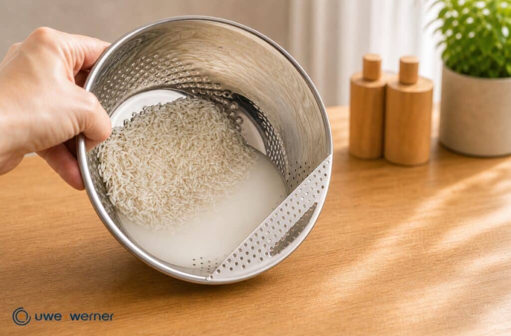 Reis waschen vor dem Kochen: Warum das wichtig ist 4 reis wird in einem sieb gewaschen.