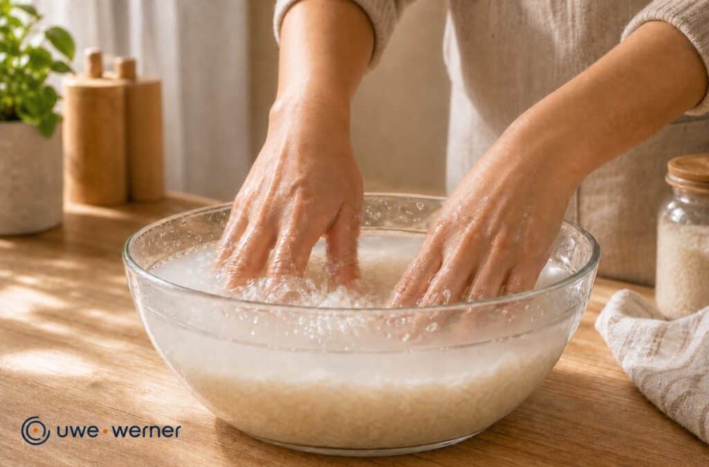 Reis waschen vor dem Kochen: Warum das wichtig ist 1 hände waschen reis in schüssel