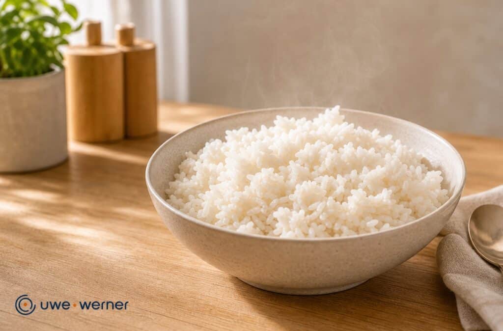 Reis waschen vor dem Kochen: Warum das wichtig ist 3 dampfender reis in einer schüssel